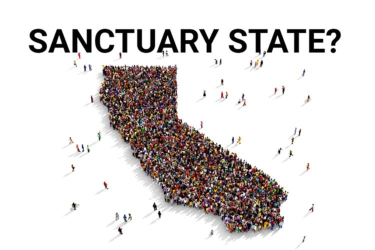 Text of Sanctuary State with map of CA crowded with people