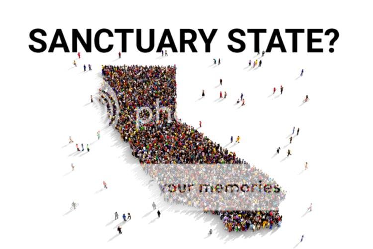 Text of Sanctuary State with map of CA crowded with people